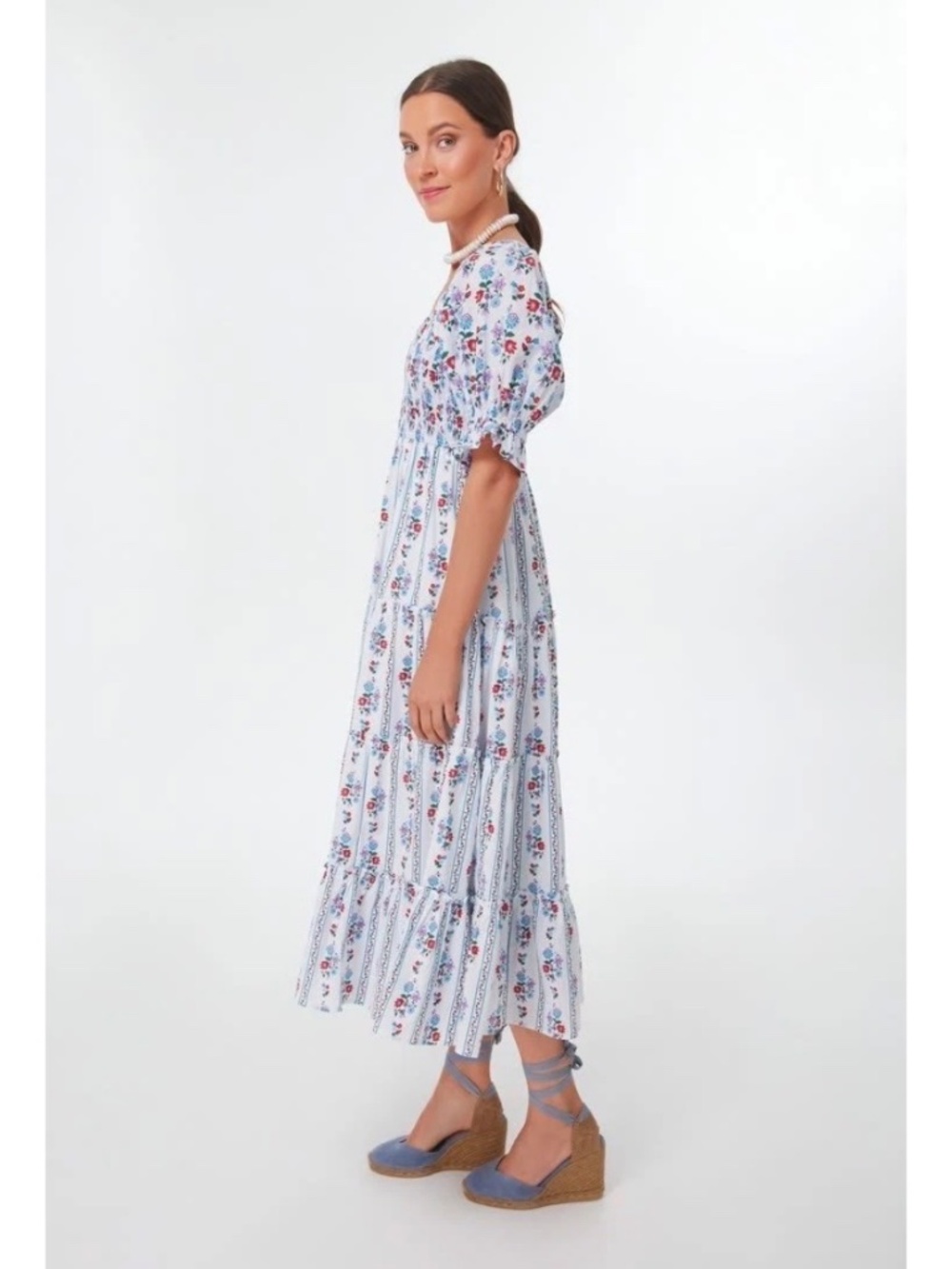Pink City Prints Cindy Alpine Mix White Floral Tiered Midi Dress Women's Medium - Picture 2 of 8